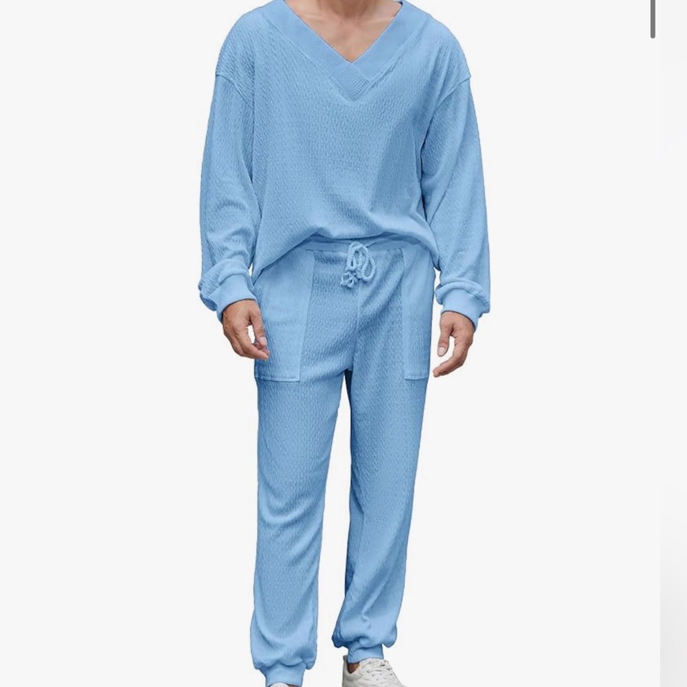 Men's XL Light Blue Tracksuit 2 Piece Outfit Long Sleeve V-Neck Waffle Knit Set